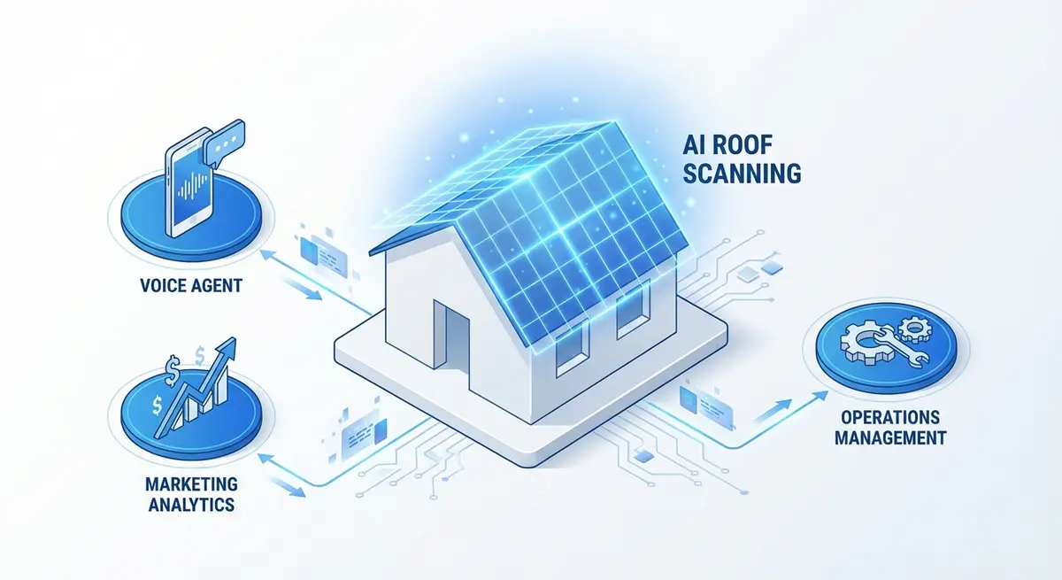 Infographic showing AI automation areas for roofing businesses including voice agents, marketing, and operations