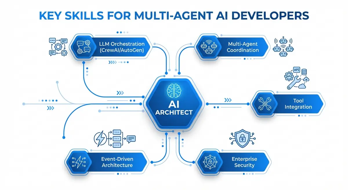 Key skills needed to hire someone to build multi agent ai system for my company infographic