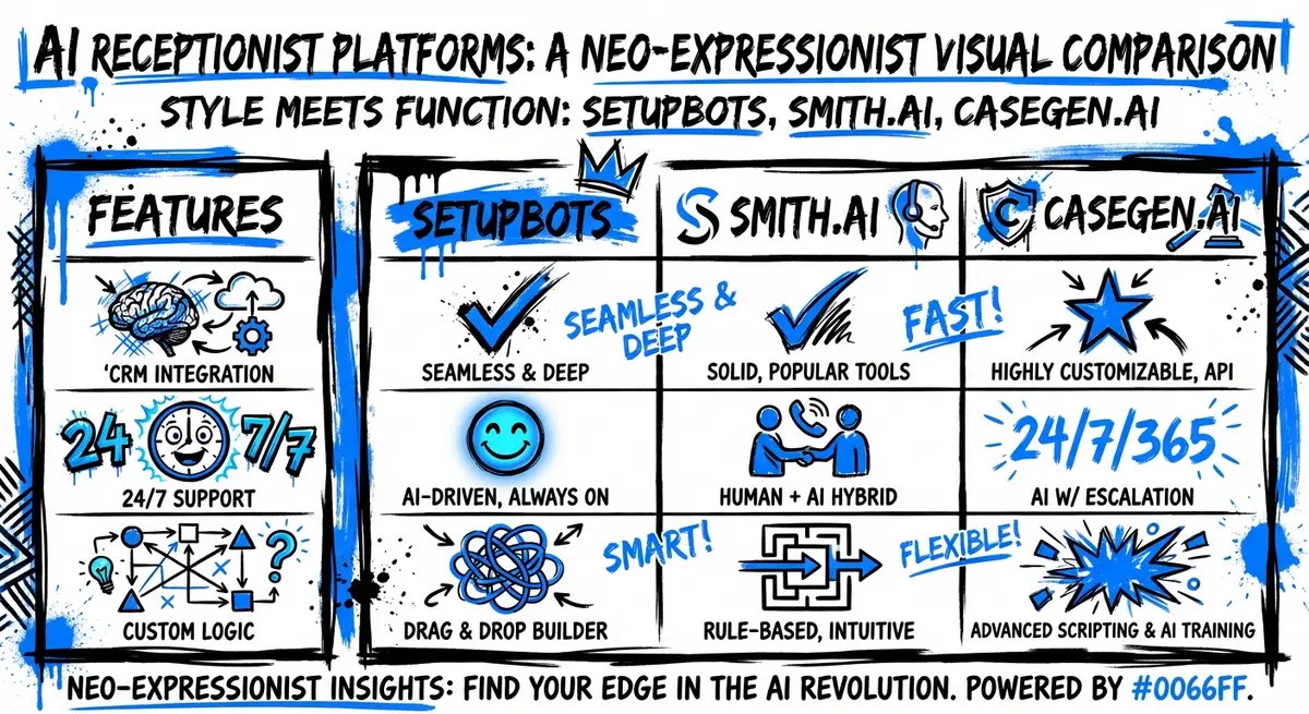 Comparison of leading AI receptionist platforms for law firms including SetupBots and Smith.ai