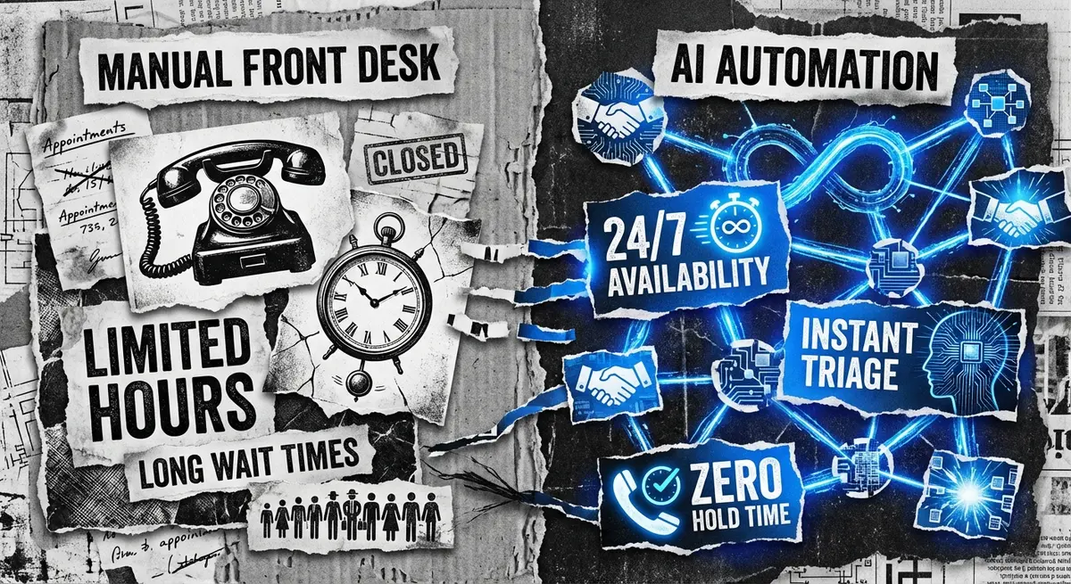 Infographic comparing manual dental front desk operations versus AI chatbot automation with electric blue highlights