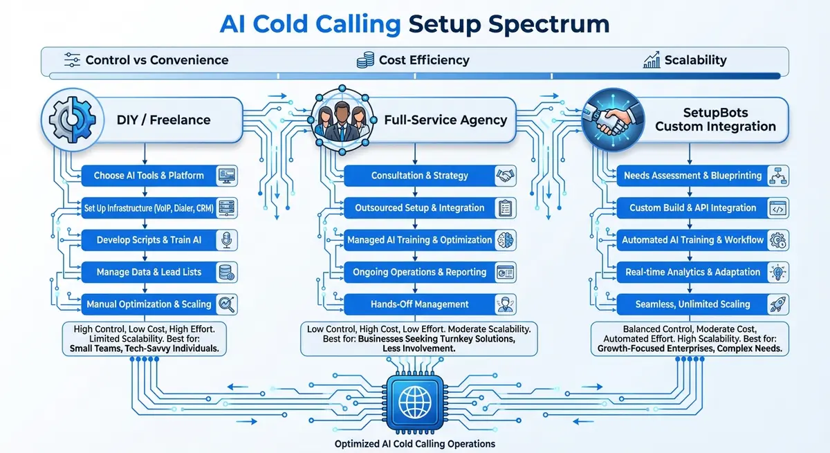 Infographic comparing options to hire someone to set up AI cold calling for my company