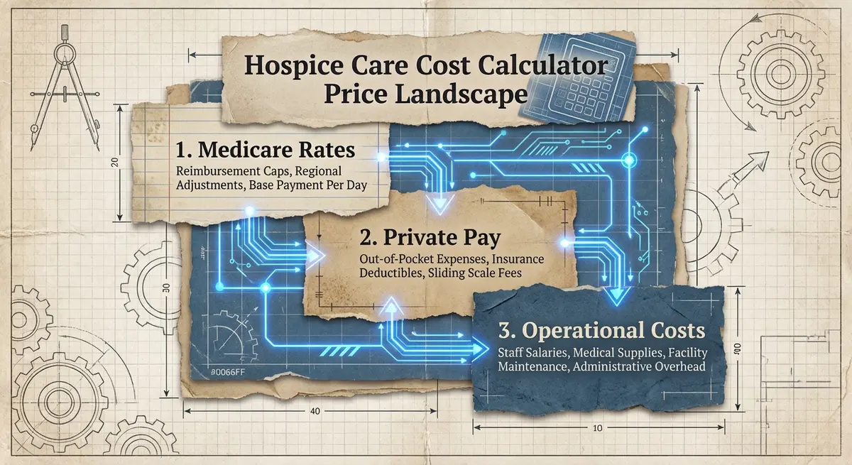 Infographic showing components of the hospice care cost calculator price landscape including medicare and operational costs