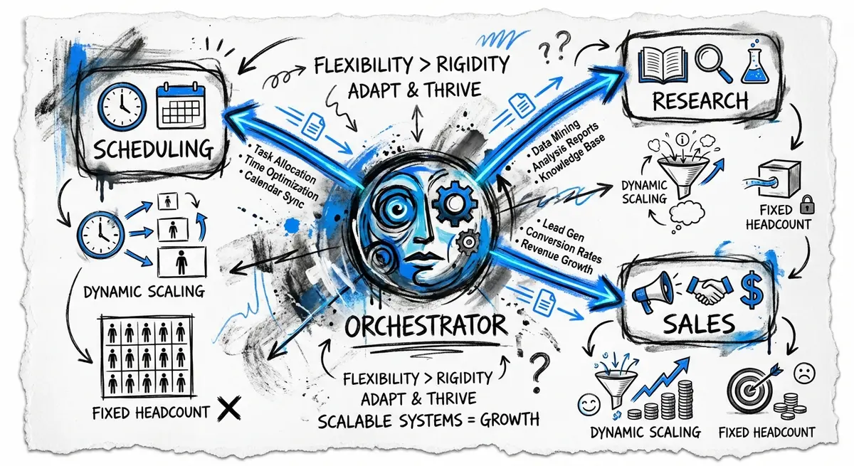 Diagram showing how many AI agents a business needs by illustrating a hierarchical network of specialized agents