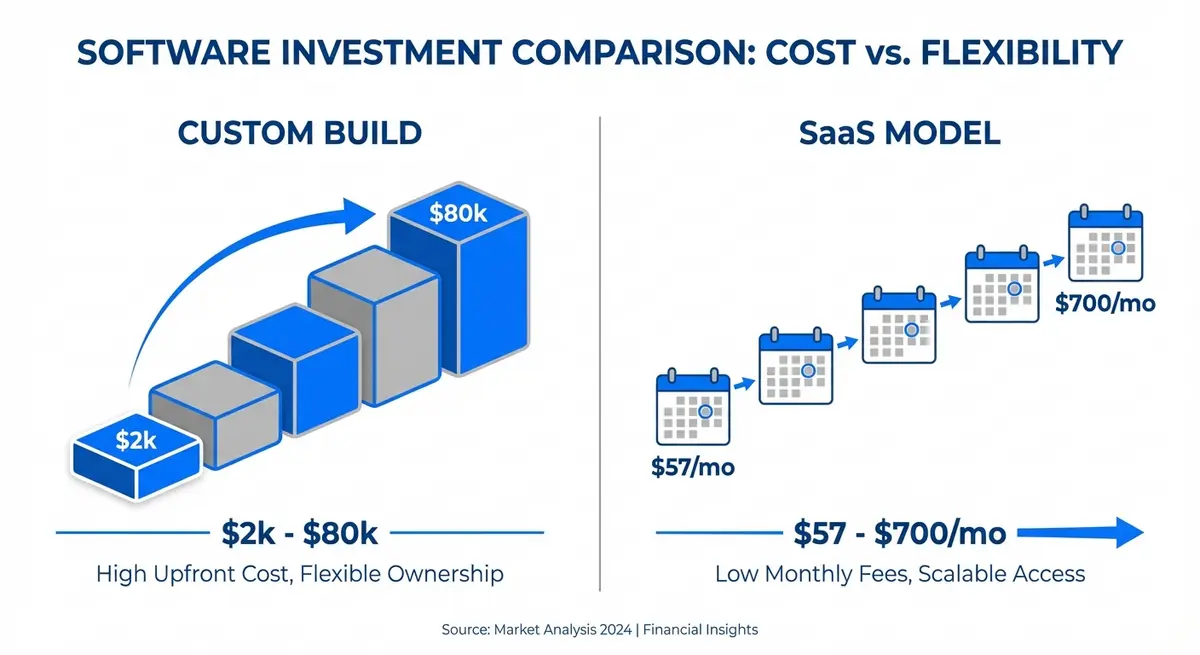 Infographic comparing custom RAG agent development costs versus SaaS subscription pricing