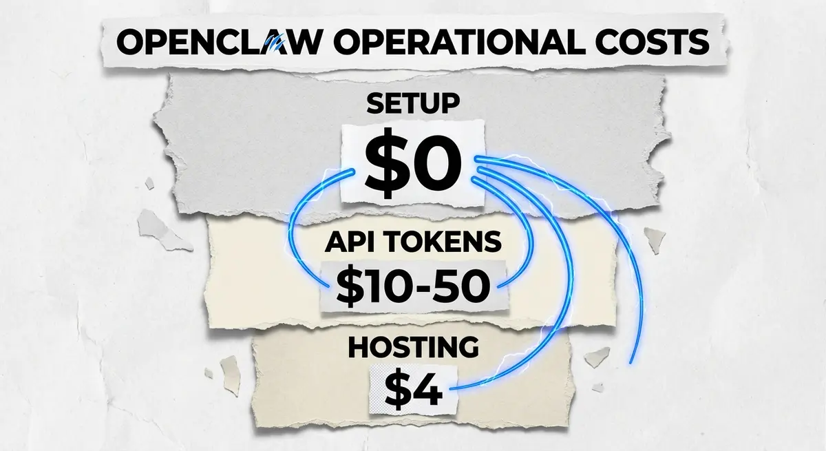 OpenClaw operational cost breakdown infographic showing hosting and API token expenses