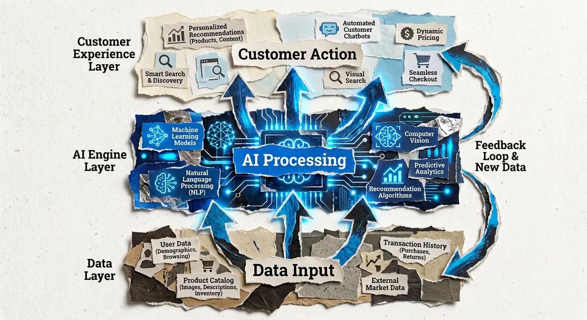 Infographic showing how to add an AI layer to my ecommerce store through data, processing, and action layers