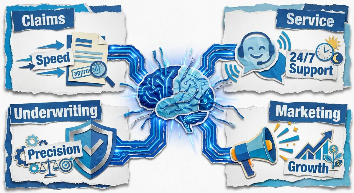 Infographic showing core applications of how to add an AI layer to my insurance agency including claims, service, and underwriting