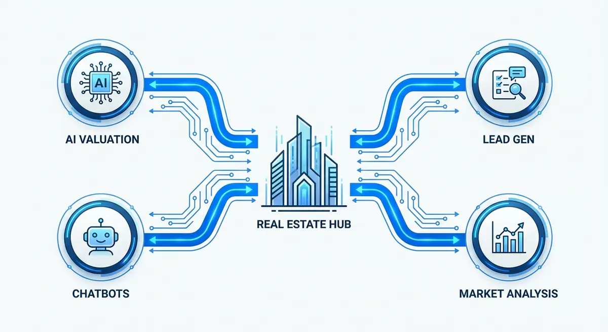 Infographic showing how to add an ai layer to my real estate business using specific tools like HouseCanary and RealScout
