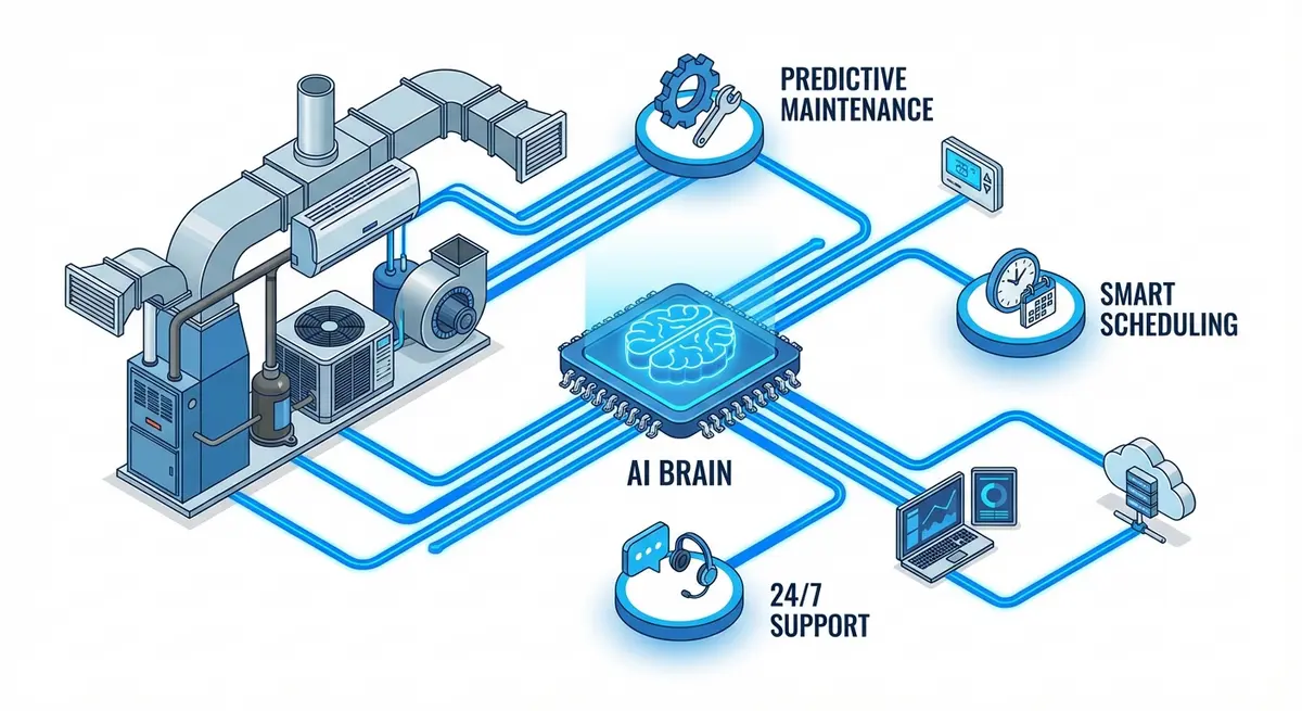 Infographic displaying key areas to add an ai layer to your hvac company including predictive maintenance and smart scheduling.