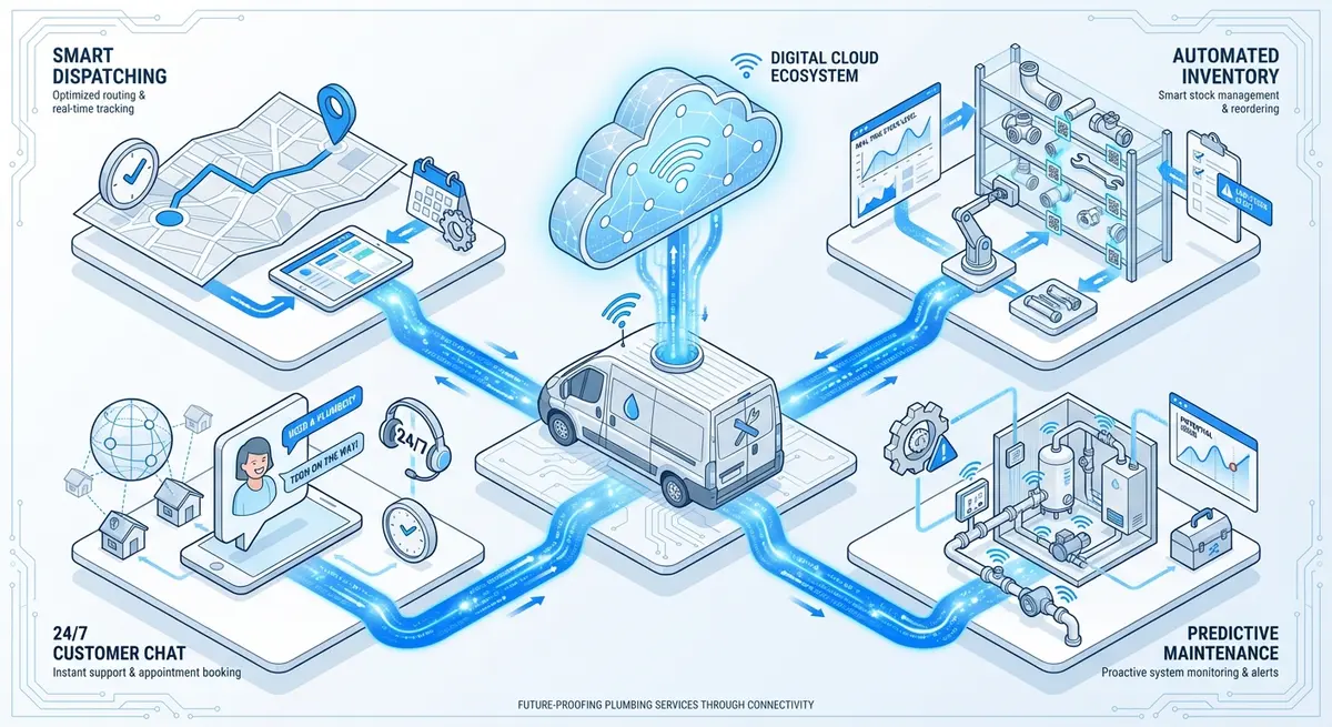 Infographic showing key areas to add an AI layer to a plumbing business: dispatch, inventory, chat, and maintenance