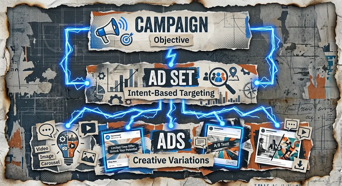 Diagram showing how to advertise on ChatGPT using campaign, ad set, and ad structure