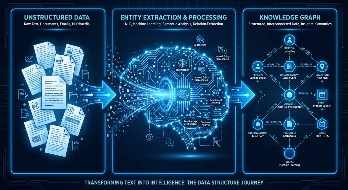 Infographic comparing standard data processing to GraphRAG entity extraction
