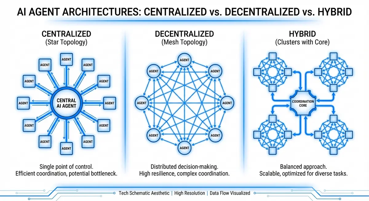 Diagram showing centralized decentralized and hybrid architectures for how to deploy multiple AI agents that work together