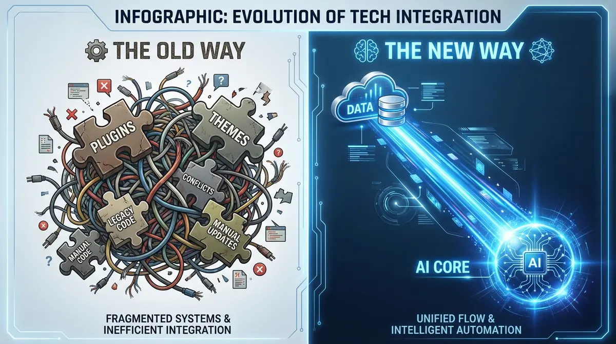 comparison of bloated wordpress architecture versus clean ai-integrated systems