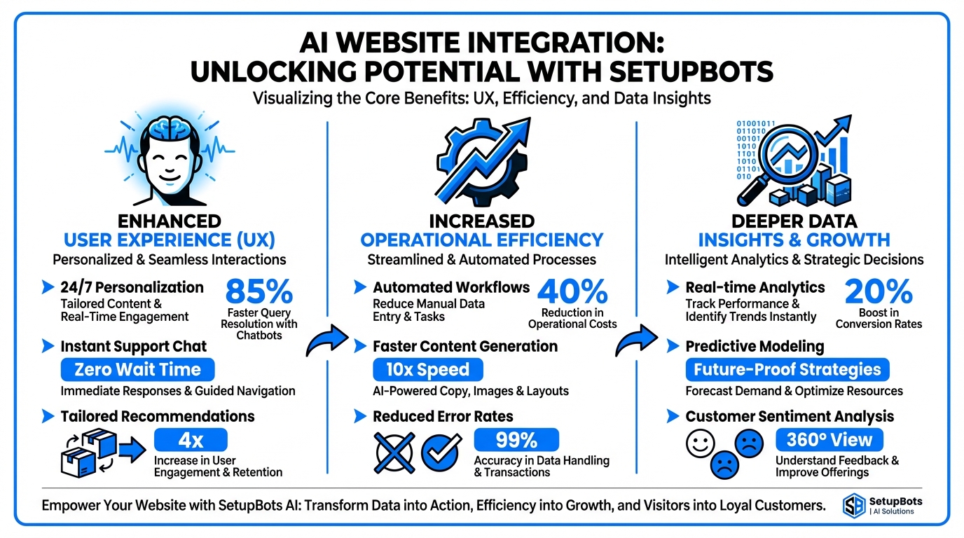 How to integrate AI in website infographic showing benefits like personalization and efficiency