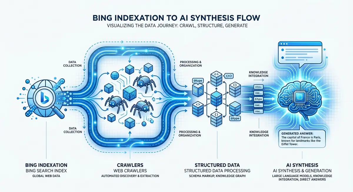 Infographic showing how to optimize for ChatGPT search results through Bing indexation and structured data