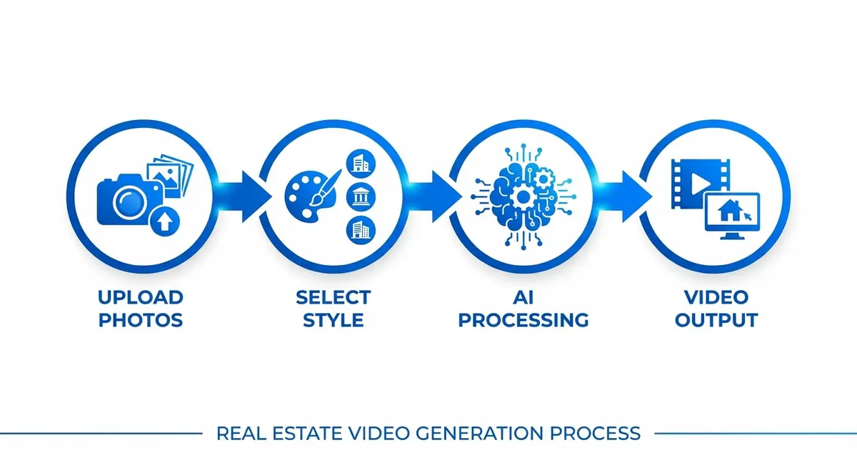 Infographic flowchart demonstrating the step-by-step process of how to turn my real estate photos into videos with ai.