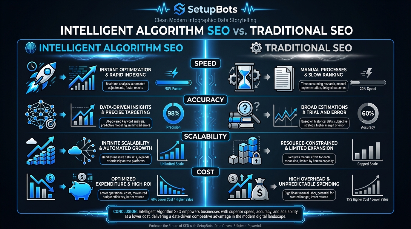 Intelligent algorithm SEO methods infographic showing comparison between AI-driven and traditional SEO