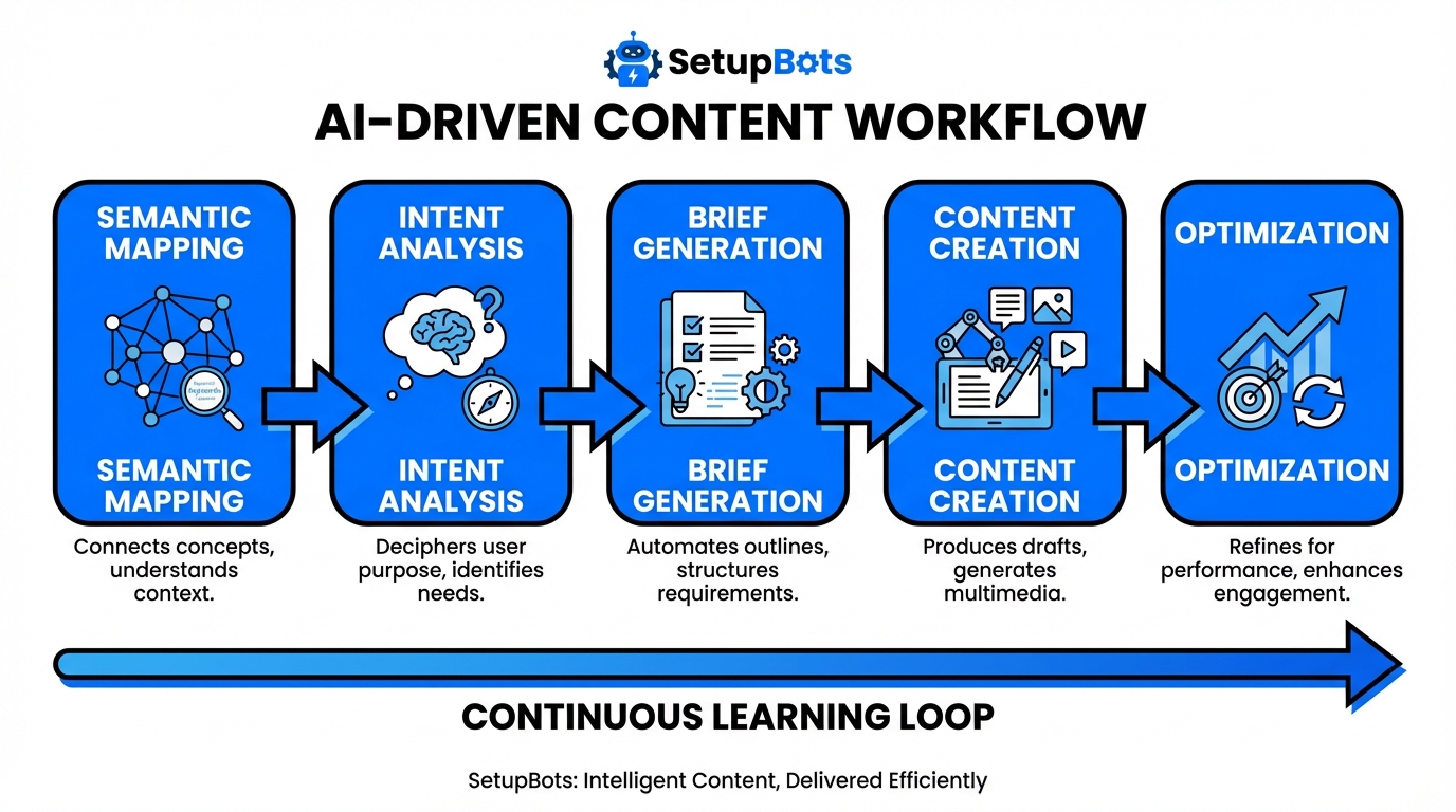 Intelligent content SEO concepts infographic showing AI-driven content workflow