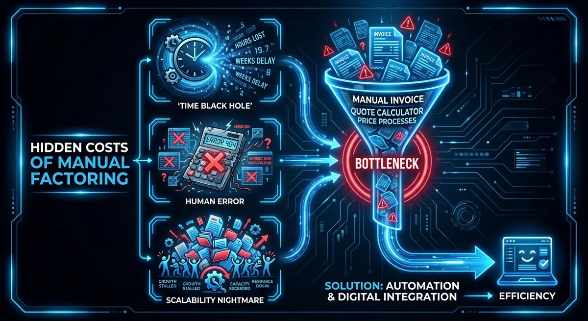Infographic showing hidden costs of manual invoice factoring quote calculator price processes
