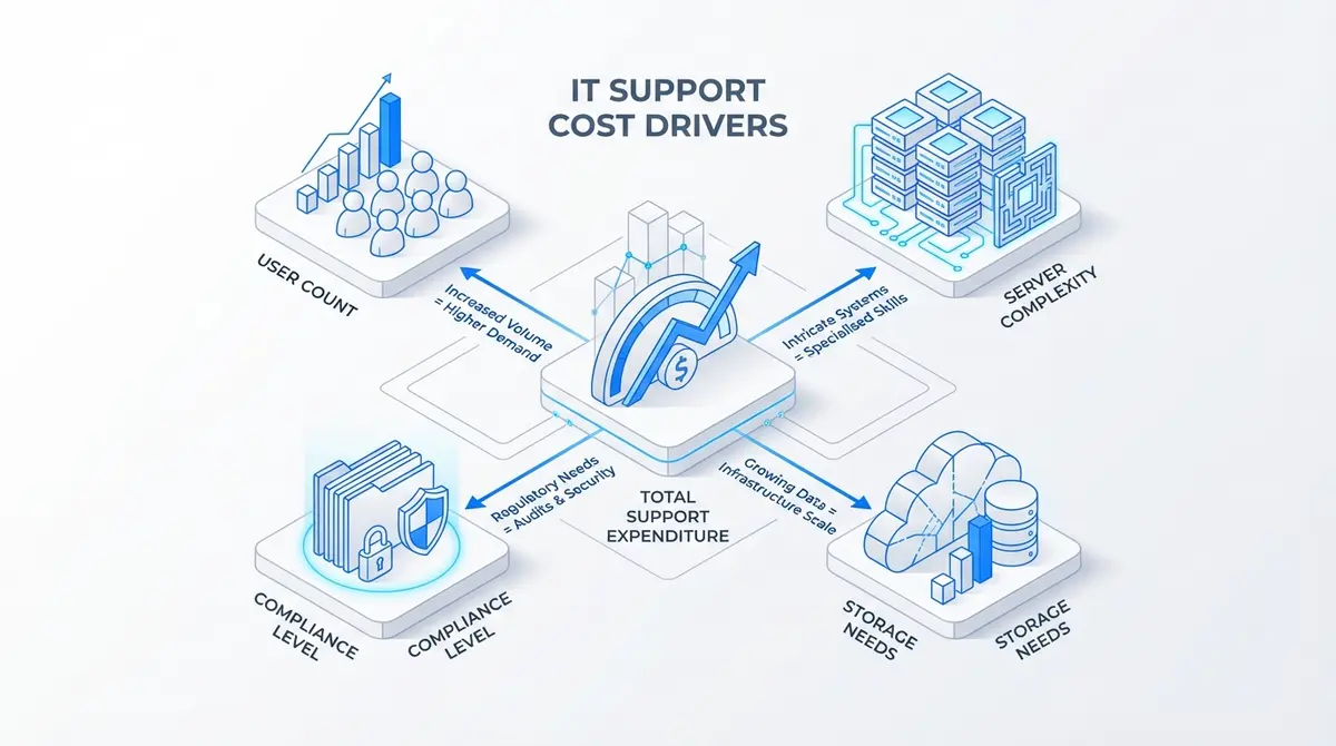 Infographic showing factors affecting it support service pricing calculator results