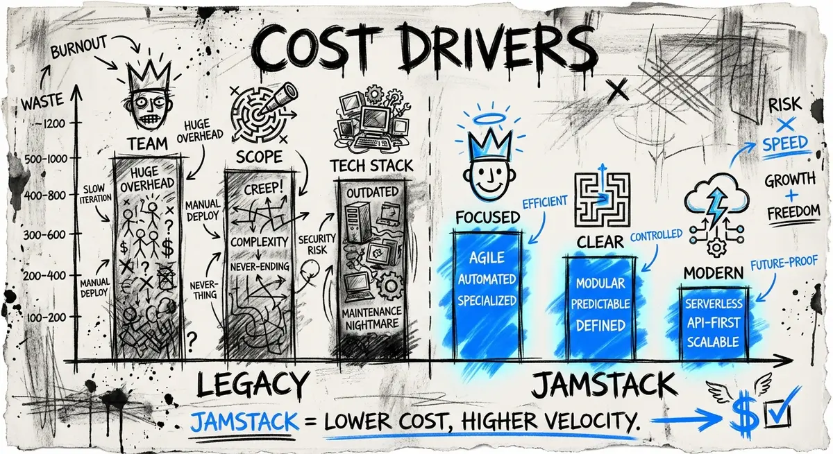 Infographic showing key drivers of jamstack migration cost including team location and site scope