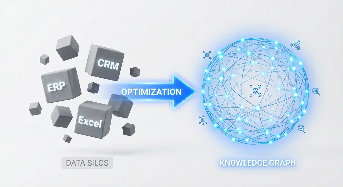 Visual comparison of disconnected data silos versus knowledge graph optimization for b2b pricing