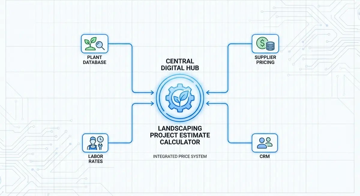 Diagram of an integrated landscaping project estimate calculator price system connecting inventory, labor, and CRM data