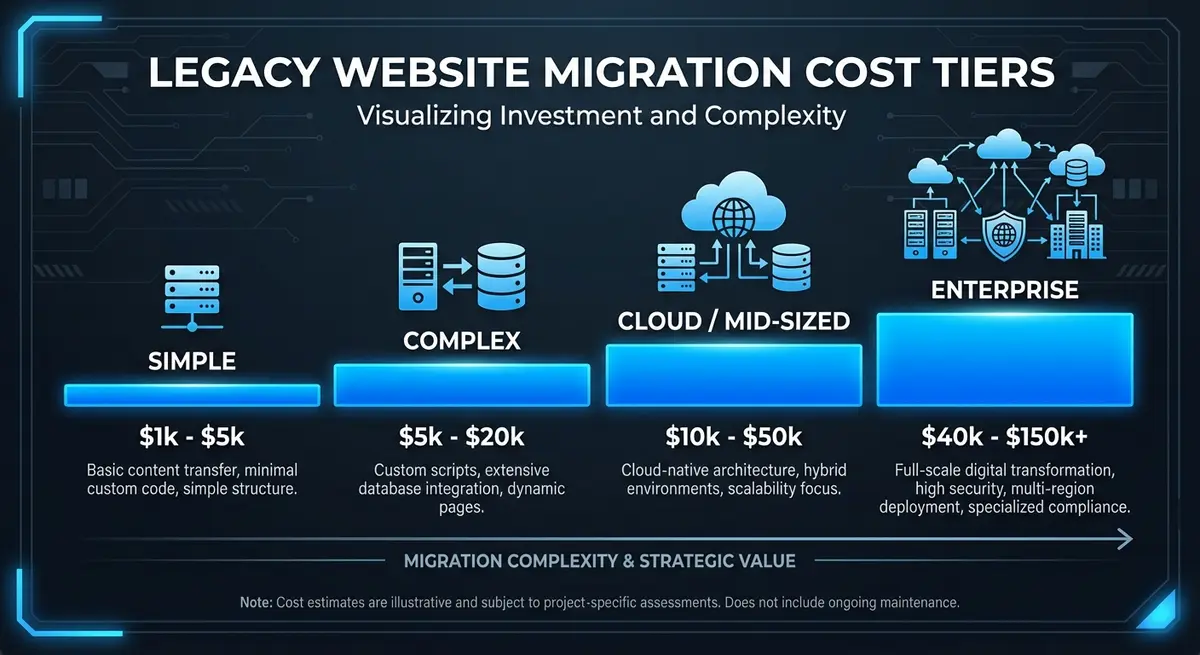 Infographic showing legacy website migration cost ranges by project type