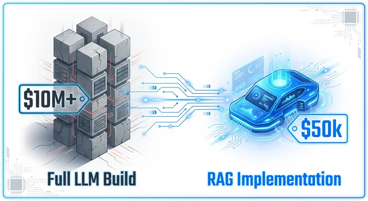 Infographic comparing astronomical full LLM build costs versus cost-effective RAG implementation for agencies
