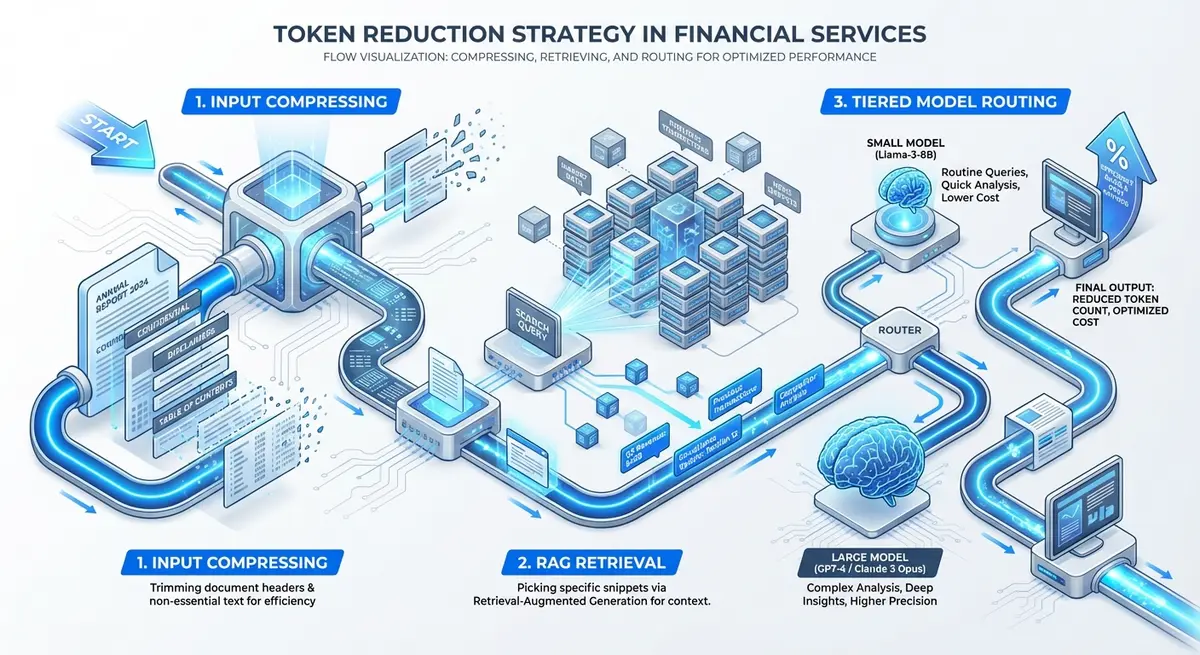 Infographic showing strategies for llm optimization for financial services cost through token reduction