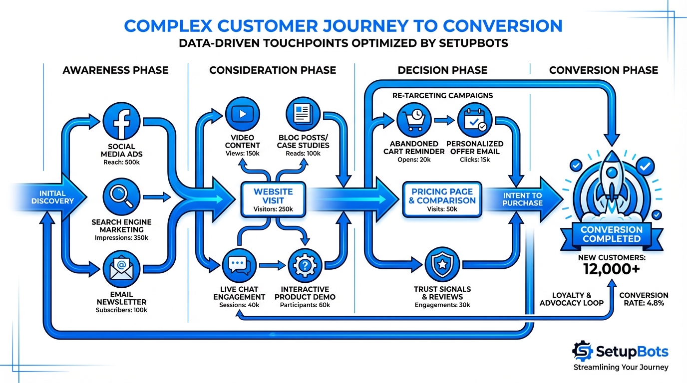 Marketing attribution platform infographic showing customer journey touchpoints