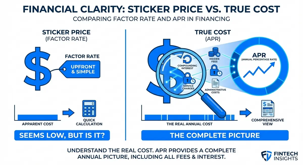 Infographic showing the difference between merchant cash advance factor rate and actual APR