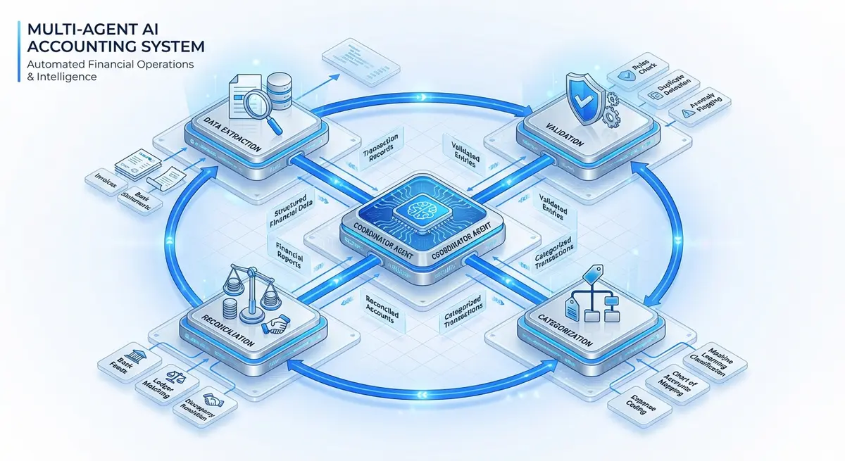 Diagram of multi agent ai for accounting workflow showing coordinator and specialized agents