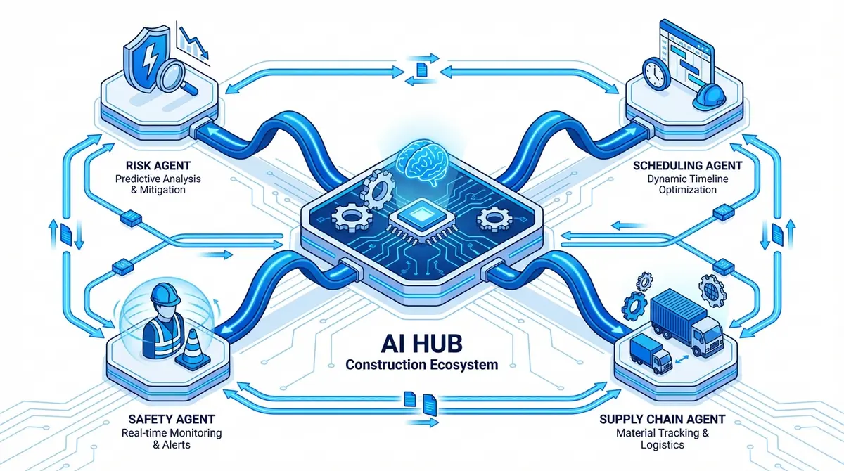 Diagram of multi agent ai for construction project management ecosystem showing interconnected specialized agents