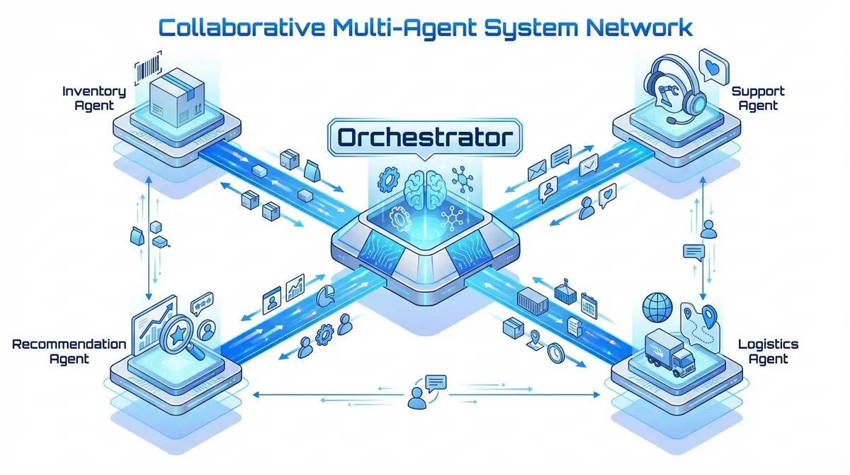 Infographic showing multi agent AI deployment for ecommerce customer journey architecture and agent collaboration