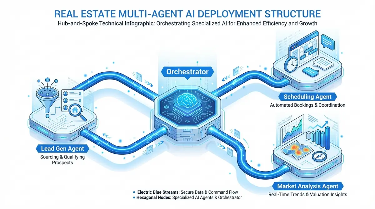 Diagram of multi agent AI deployment architecture for real estate