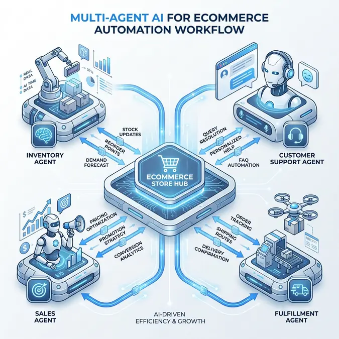Diagram of multi agent AI for ecommerce automation workflow showing inventory, support, sales, and fulfillment agents
