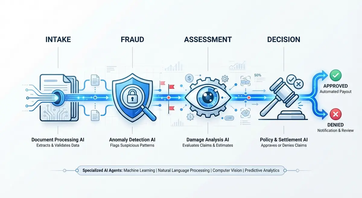 Diagram showing multi agent AI workflow for insurance claims processing including intake, fraud detection, and assessment