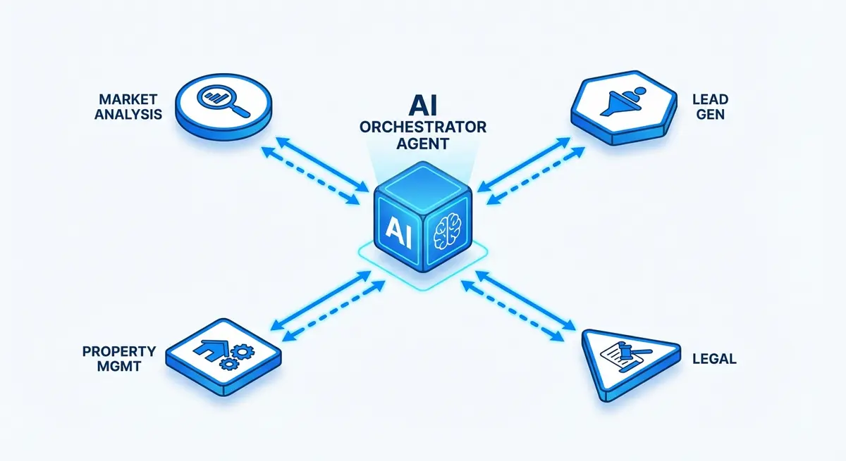 Infographic showing multi agent ai for real estate operations orchestrator model