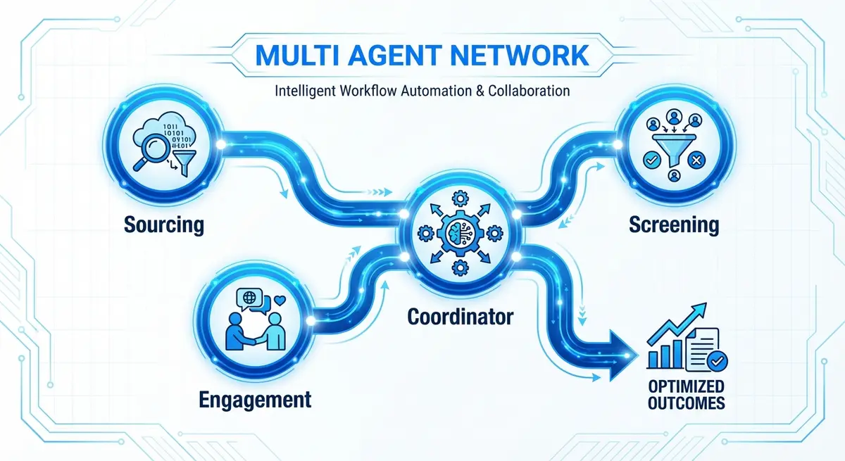 Diagram of multi agent AI for staffing and recruiting system showing agent roles