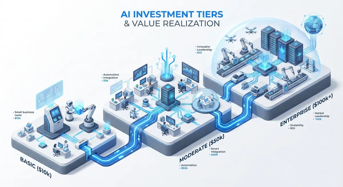 Infographic showing multi agent ai system cost breakdown for small business investment tiers