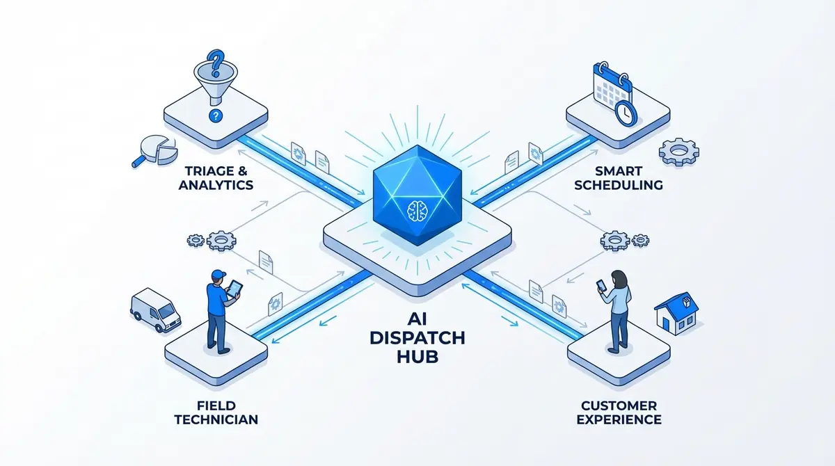 Infographic showing how a multi agent AI system for HVAC dispatch and scheduling coordinates workflows