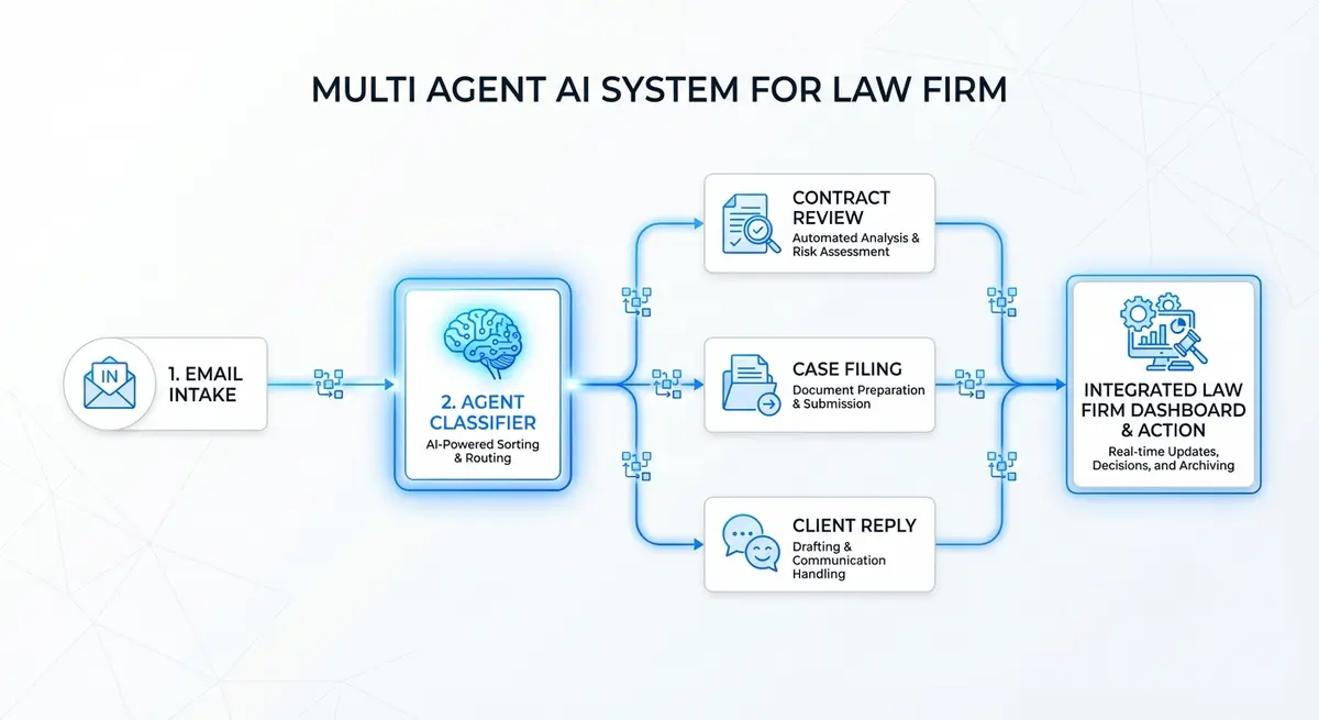 Diagram of a multi agent AI system for law firm workflow