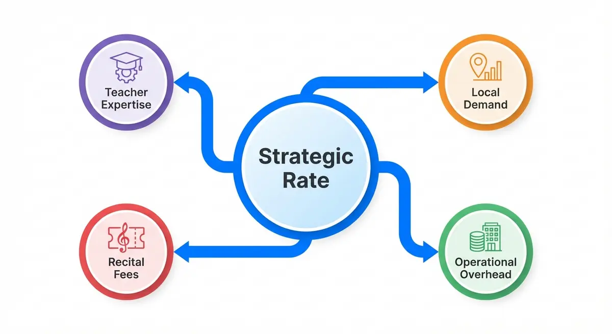 Infographic showing factors in a music lesson pricing calculator cost model
