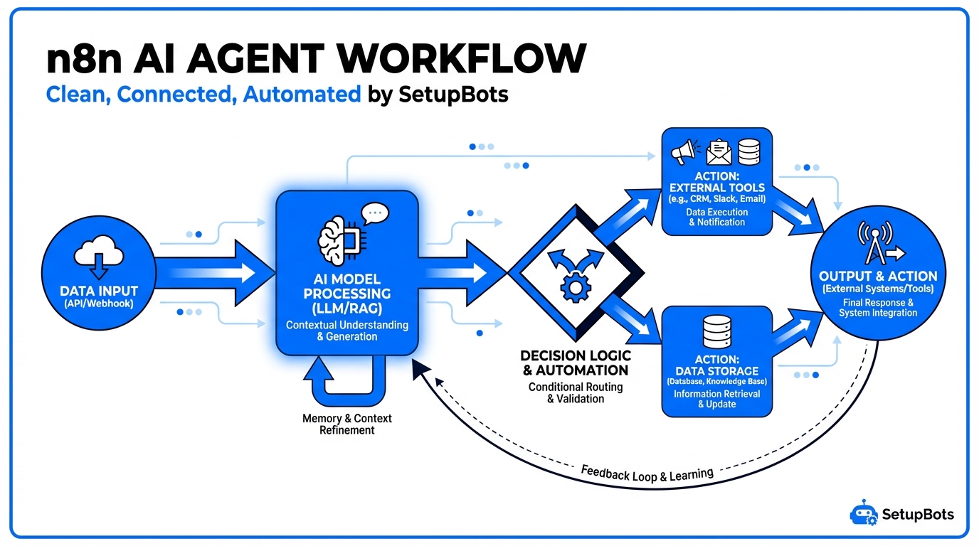 n8n ai agent node documentation infographic showing workflow architecture