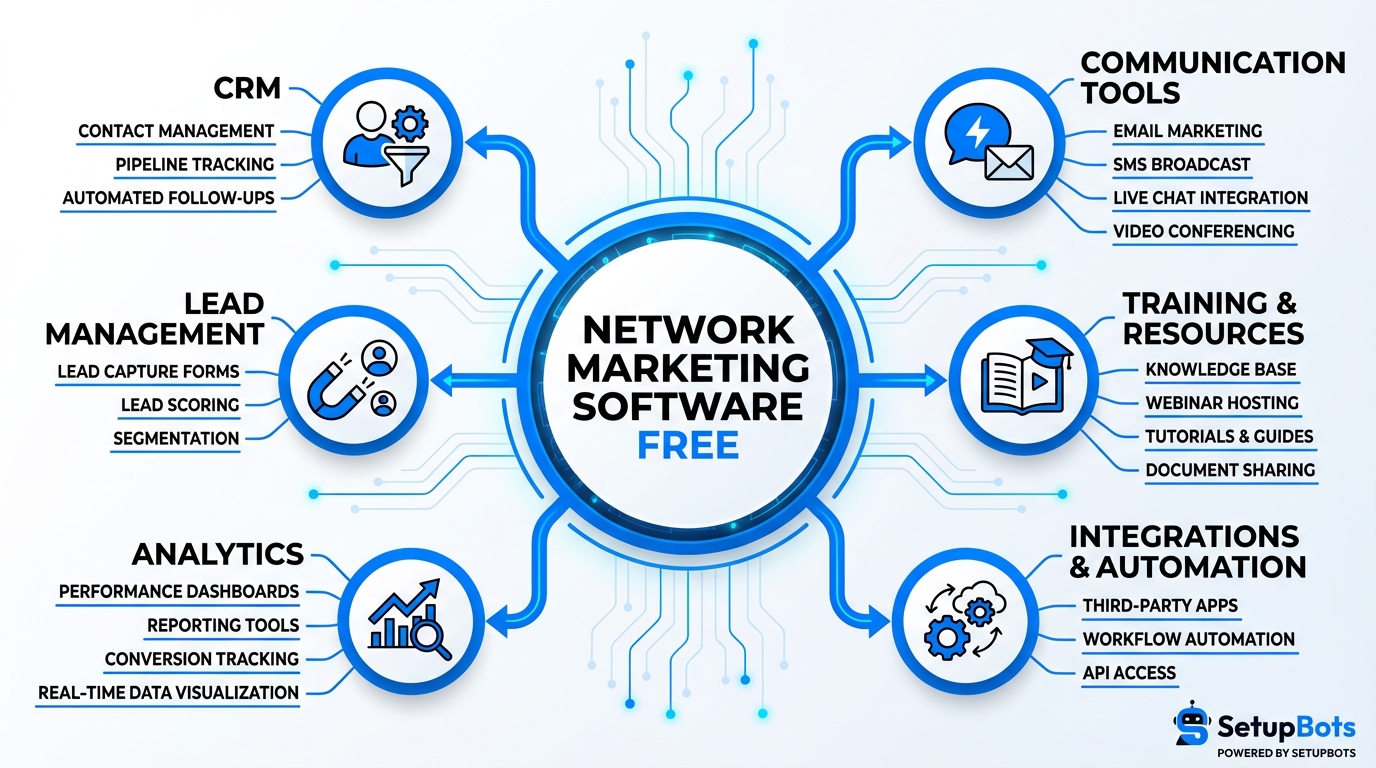 Network marketing software free infographic showing the ecosystem of tools
