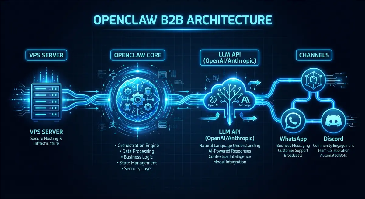 OpenClaw AI SDR architecture diagram showing VPS, LLM, and WhatsApp integration
