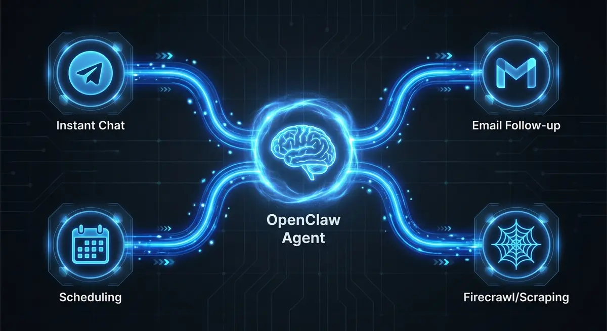 Infographic showing OpenClaw outreach setup connecting Telegram, Gmail, and Firecrawl for real estate agents