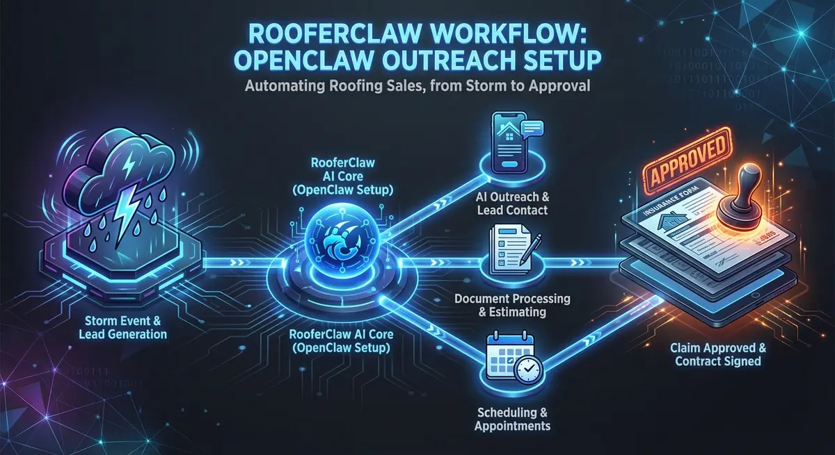 Infographic showing the OpenClaw outreach setup for roofing companies workflow from storm event to approved claim